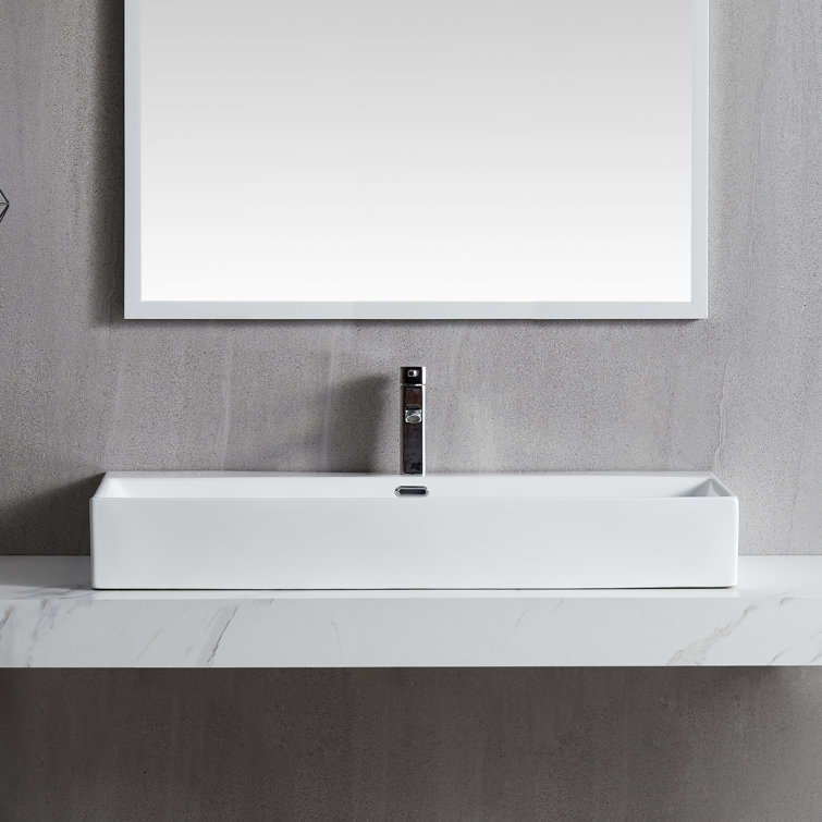 Magic Home White Ceramic Rectangular Vessel Bathroom Sink with Overflow